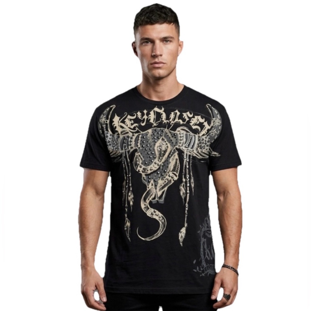 Key Closet Black Bull Skull & Snake Studded Short Sleeve Men’s Size Large